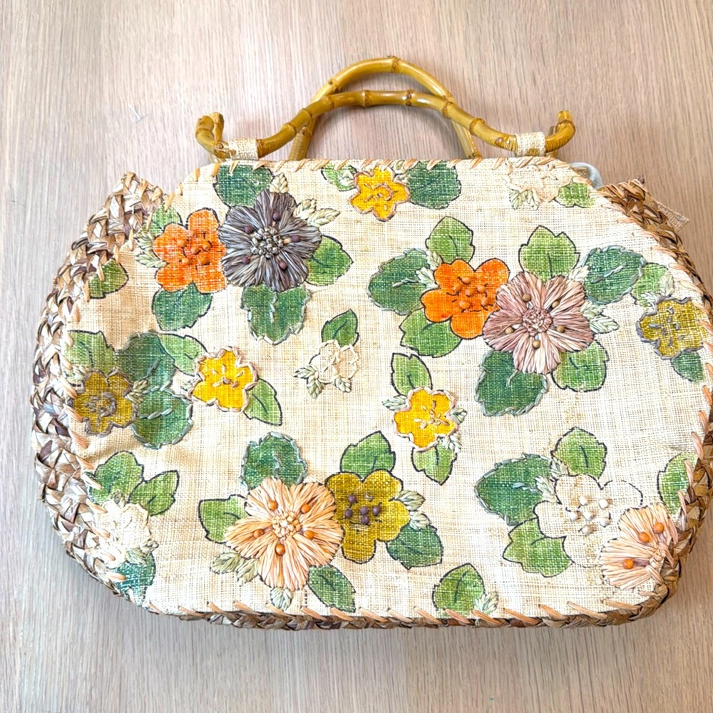 Paint The Lily Straw Embroidered  Handmade Handbag Coastal Summer Vintage Bag